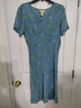 April Cornell Blue Floral V-Neck Midi Dress with Green Accents